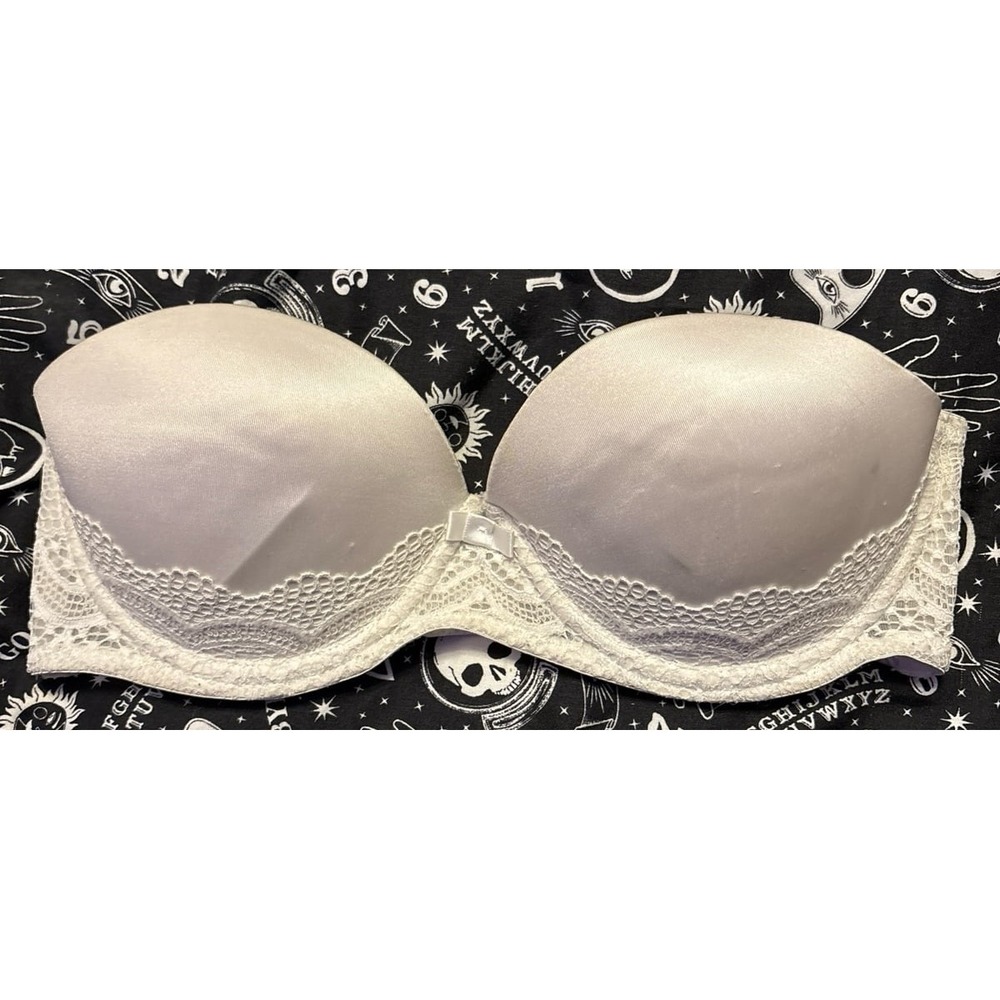 Auden Plunge Coverage Push-Up Strapless Bra in White with Lace Detail, Size 34B